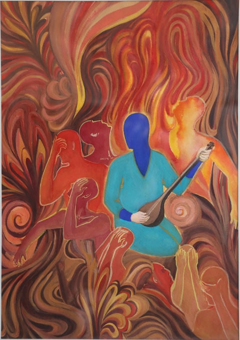 A blue-faced musician surrounded by flowing red, orange, and gold forms.