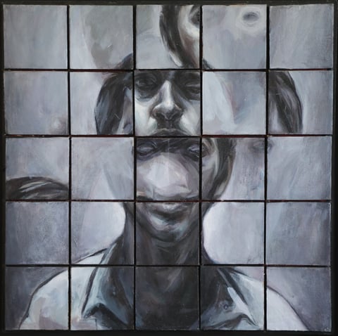 A grayscale portrait divided into a grid of square panels.