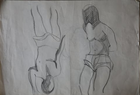 Pencil studies of figures drawn in different orientations on paper.