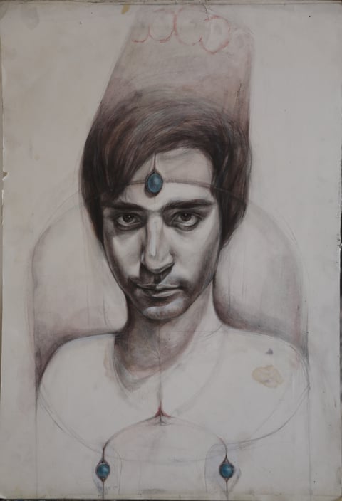 A portrait with a tall headdress and blue ornaments.