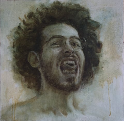 A close portrait of a curly-haired figure with an open mouth.
