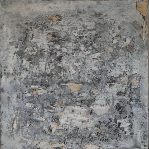 A textured composition in gray and white with fragments of warmer color.