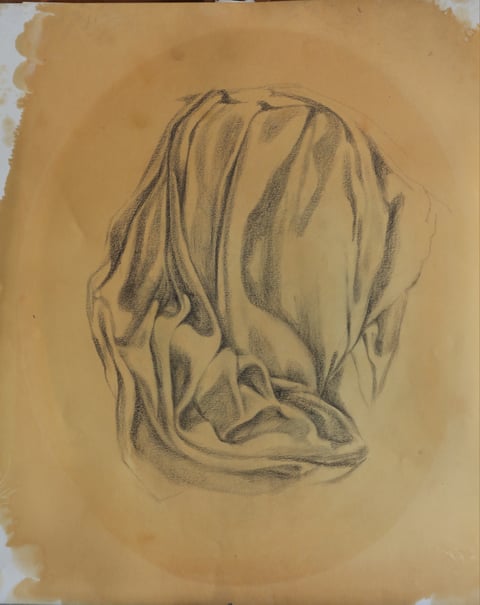Dark pencil lines describing folded fabric on an ochre background.