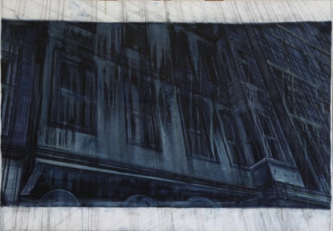 A dark blue architectural image covered with dense crossing lines.